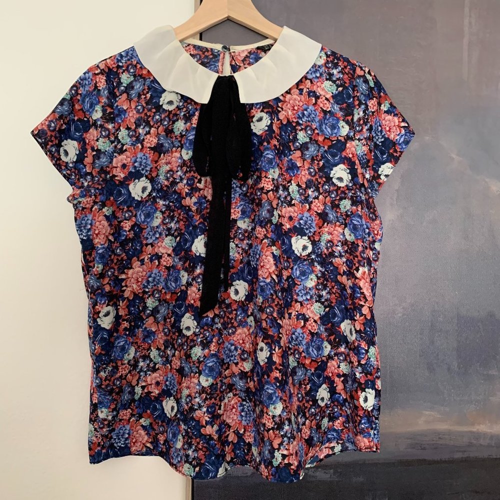 Zara Floral Collared Top With Bow Tie